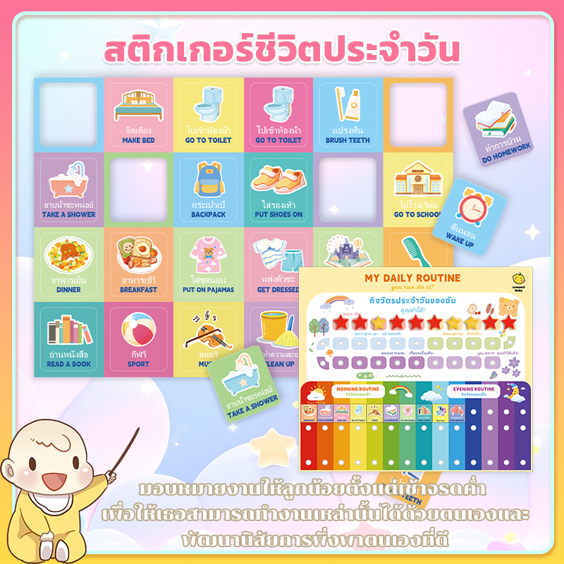 ฝึกวินัย กิจวัตรประจำวัน กระเป๋าติดผนัง จัดระเบียบเวลา ส่งเสริมวินัย กิจวัตรประจำวัน พัฒนาการเด็ก